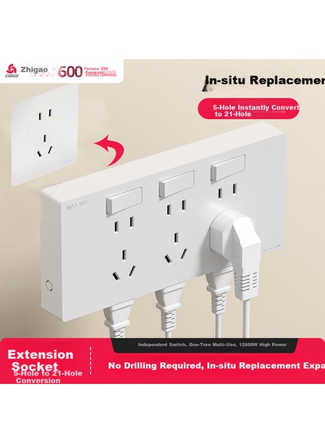 Chigo 86-type Expandable Power Strip Kitchen Multi-port Converter Wireless Socket Extension [white-21 Ports-left Wiring] Right Expansion + Independent Switch - Image 1