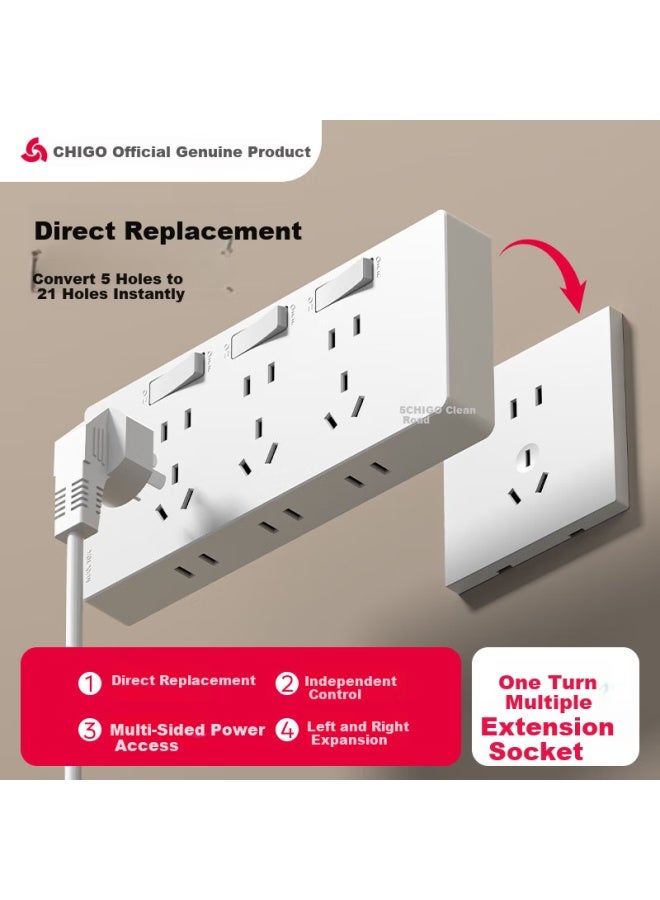 Chigo 86-type Expandable Power Strip Kitchen Multi-port Converter Wireless Socket Extension [white-21 Ports-left Wiring] Right Expansion + Independent Switch - Image 3