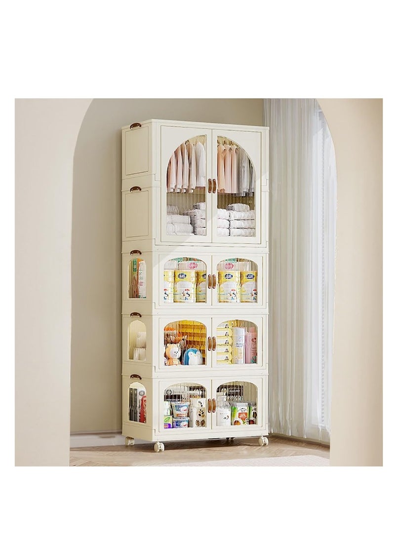 Foldable Storage Bins Stackable Storage Box Organizer Plastic Folding Stoarge Wardrobe Cabinet with Doors and Wheels for Home Bedroom Dormitory Baby Clothes Snacks Toys Books (55x32.5x156.5cm, Beige)  - Image 1