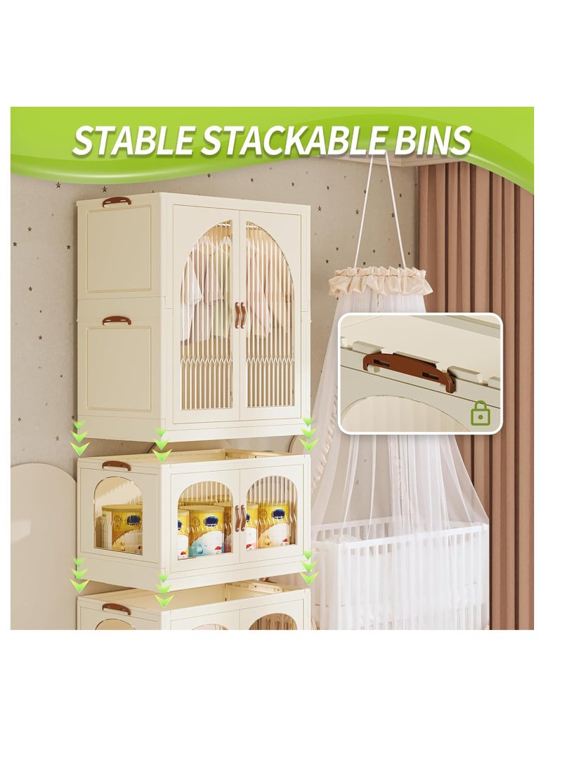 Foldable Storage Bins Stackable Storage Box Organizer Plastic Folding Stoarge Wardrobe Cabinet with Doors and Wheels for Home Bedroom Dormitory Baby Clothes Snacks Toys Books (55x32.5x156.5cm, Beige)  - Image 5