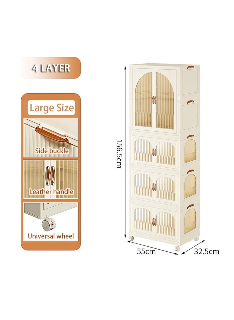 Foldable Storage Bins Stackable Storage Box Organizer Plastic Folding Stoarge Wardrobe Cabinet with Doors and Wheels for Home Bedroom Dormitory Baby Clothes Snacks Toys Books (55x32.5x156.5cm, Beige)  - Image 2