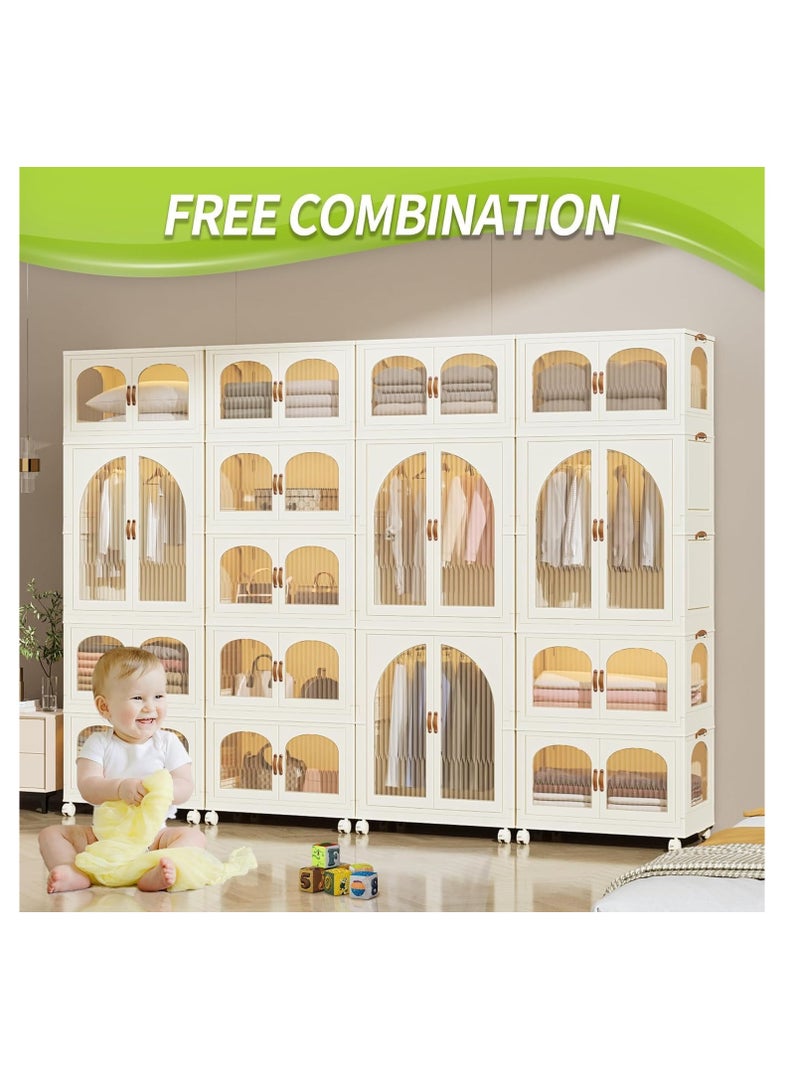 Foldable Storage Bins Stackable Storage Box Organizer Plastic Folding Stoarge Wardrobe Cabinet with Doors and Wheels for Home Bedroom Dormitory Baby Clothes Snacks Toys Books (55x32.5x156.5cm, Beige)  - Image 3