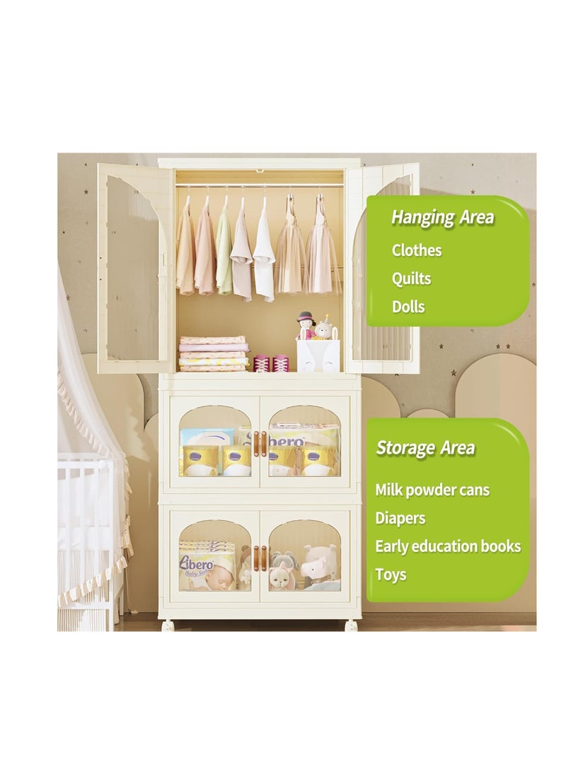 Foldable Storage Bins Stackable Storage Box Organizer Plastic Folding Stoarge Wardrobe Cabinet with Doors and Wheels for Home Bedroom Dormitory Baby Clothes Snacks Toys Books (55x32.5x156.5cm, Beige)  - Image 4