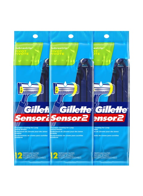 Gillette Sensor2 Pivoting Head + Lubrastrip Men's Disposable Razors, 12 Count (Pack of 3, Total 36 Razors)