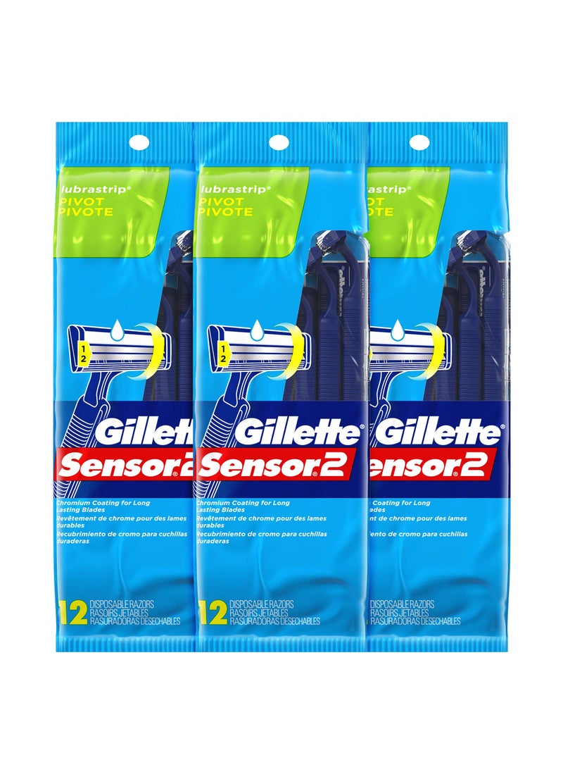Gillette - Gillette Sensor2 Pivoting Head + Lubrastrip Men's Disposable Razors, 12 Count (Pack of 3, Total 36 Razors) - Image 1