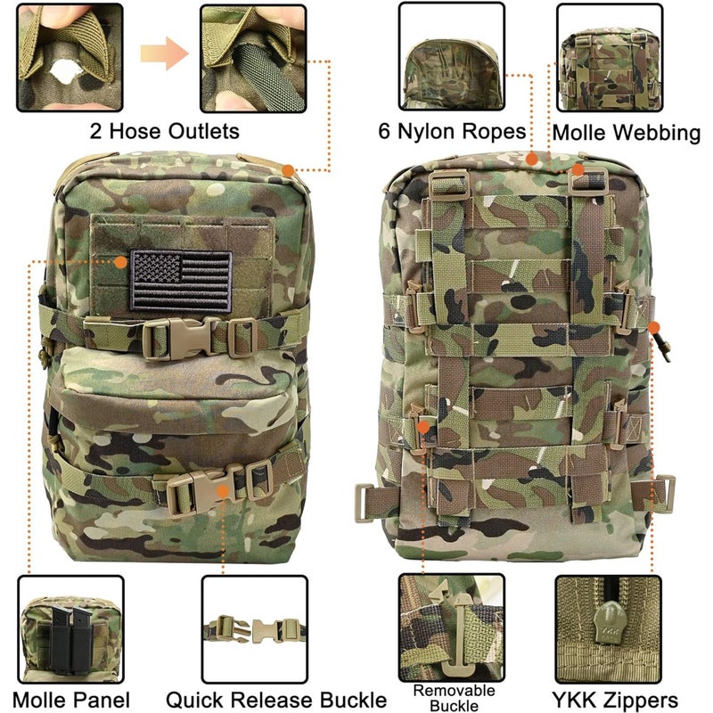 tactifans Tactical Mini Molle Hydration Pack,Molle Hydration Carrier with US Flag Nylon Water Resistant,Hydropack 2L Water Bladder for Tactical Vest Backpack(CP) - Image 3