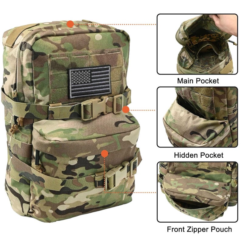 tactifans Tactical Mini Molle Hydration Pack,Molle Hydration Carrier with US Flag Nylon Water Resistant,Hydropack 2L Water Bladder for Tactical Vest Backpack(CP) - Image 5