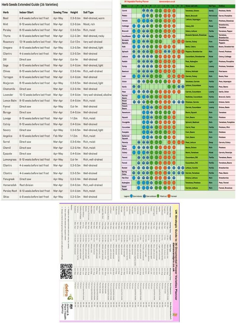 GGOOT SeedsAlp A3 Laminated Garden Planting Calendar, 36 Herbs & Vegetable and Flower Seeds, Year-Round Planner, UK Growing Guide 3 Pages - Image 1