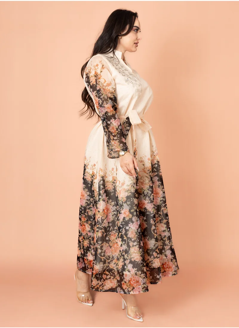IKKXA Floral Belted Embroidery Jalabiya IK2019 Black