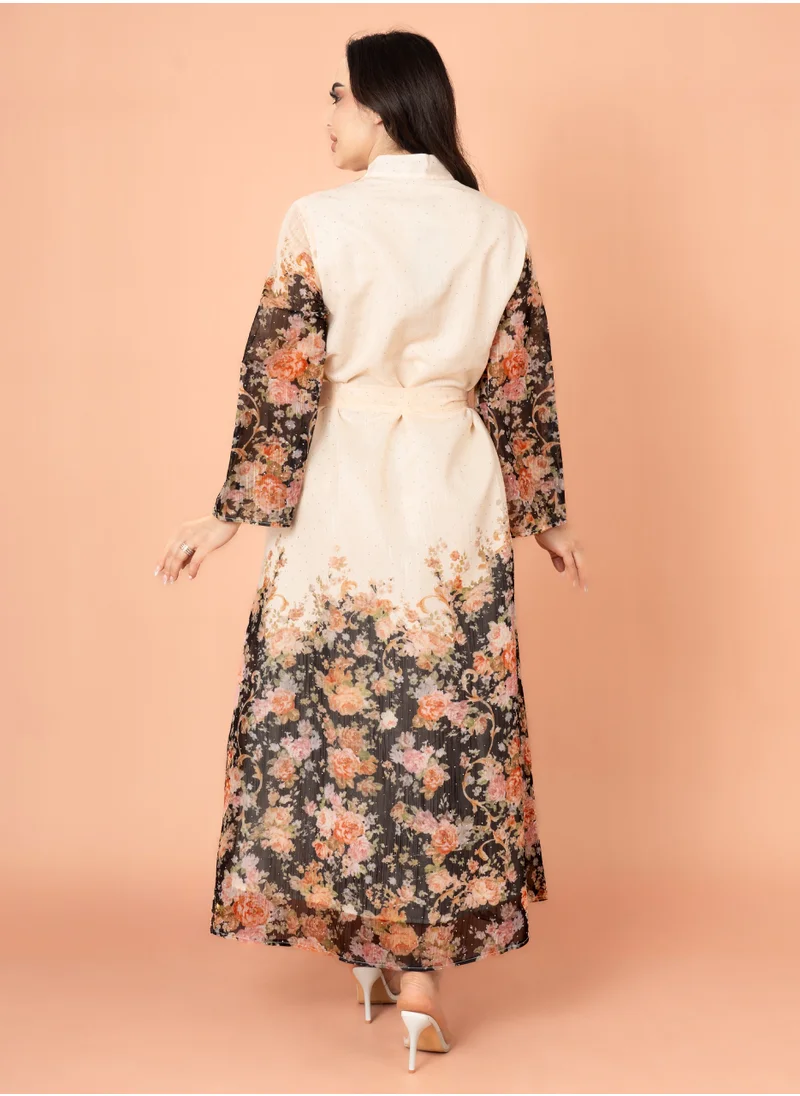 IKKXA Floral Belted Embroidery Jalabiya IK2019 Black