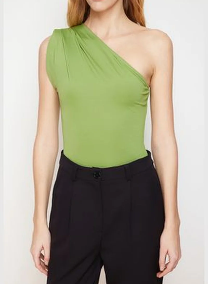 trendyol Apple Green Asymmetrical Collar Stretchy Snap Fastener Knitted Body