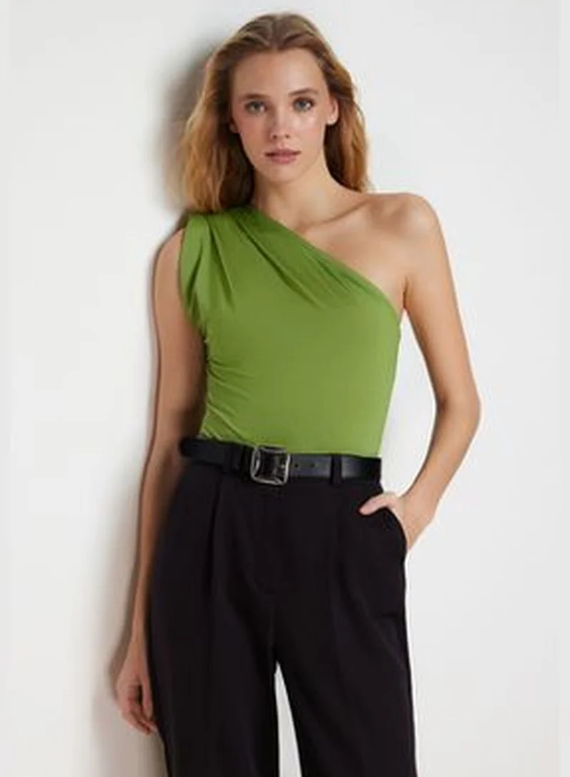 trendyol Apple Green Asymmetrical Collar Stretchy Snap Fastener Knitted Body