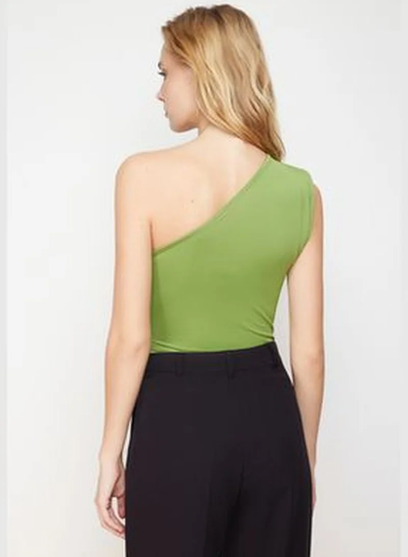 trendyol Apple Green Asymmetrical Collar Stretchy Snap Fastener Knitted Body