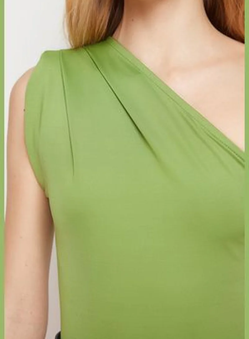 trendyol Apple Green Asymmetrical Collar Stretchy Snap Fastener Knitted Body