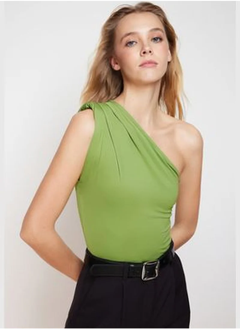 trendyol Apple Green Asymmetrical Collar Stretchy Snap Fastener Knitted Body