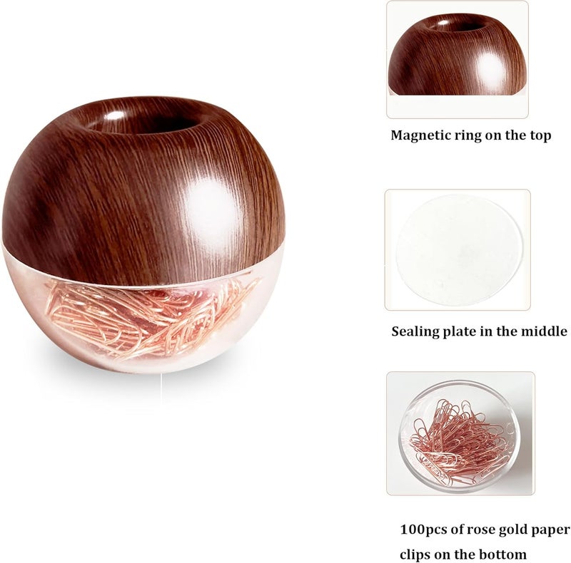 Supfoxer Walnut Wood Paper Clip Holder , Wooden Magnetic Paper Clip Dispenser with Rose Gold PaperClips 100pcs 28mm(1.1") Cute Office Supplies for Desk Organizer - Image 3