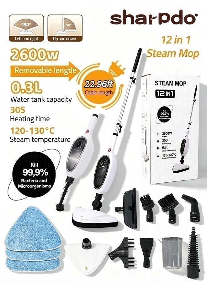 Sharpdo 12-in-1 Electric Steam Mop, 2600W Steam Cleaner with Detachable Handheld Steamer, 12 Multi-Purpose Accessories, 30S Quick Heat-Up, 300ML Water Tank, Chemical-Free Deep Cleaning for Floors, Carpets, Glass & Furniture - Image 1