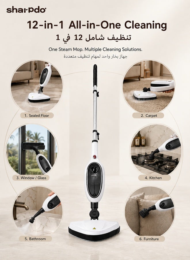 Sharpdo 12-in-1 Electric Steam Mop, 2600W Steam Cleaner with Detachable Handheld Steamer, 12 Multi-Purpose Accessories, 30S Quick Heat-Up, 300ML Water Tank, Chemical-Free Deep Cleaning for Floors, Carpets, Glass & Furniture - Image 5