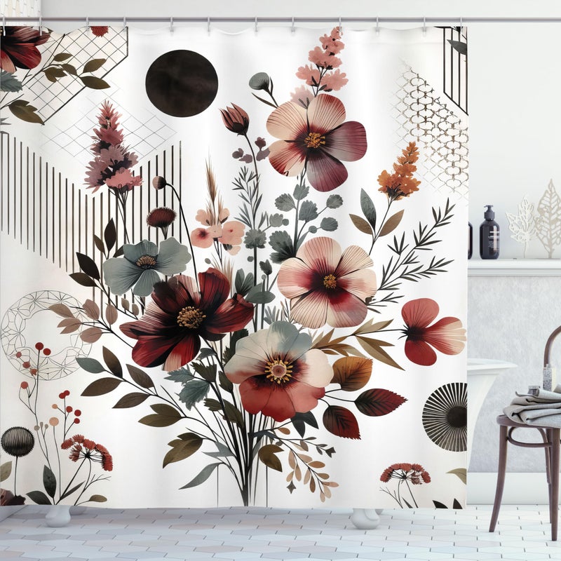 Ambesonne Floral Shower Curtain  Mid Century Modern Rounds Chevrons and Stripes Ornate Leafy Wildflowers  Cloth Fabric Bathroom Decor Set with Hooks  69"" W x 84"" L  Maroon Dark Sea Green - Image 3