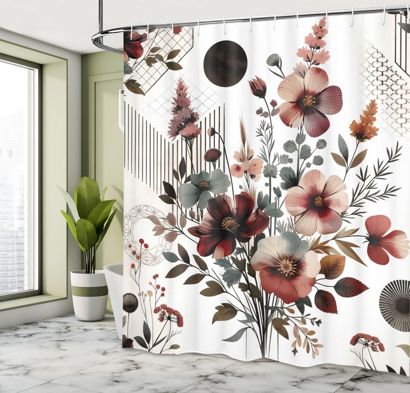 Ambesonne Floral Shower Curtain  Mid Century Modern Rounds Chevrons and Stripes Ornate Leafy Wildflowers  Cloth Fabric Bathroom Decor Set with Hooks  69"" W x 84"" L  Maroon Dark Sea Green - Image 2