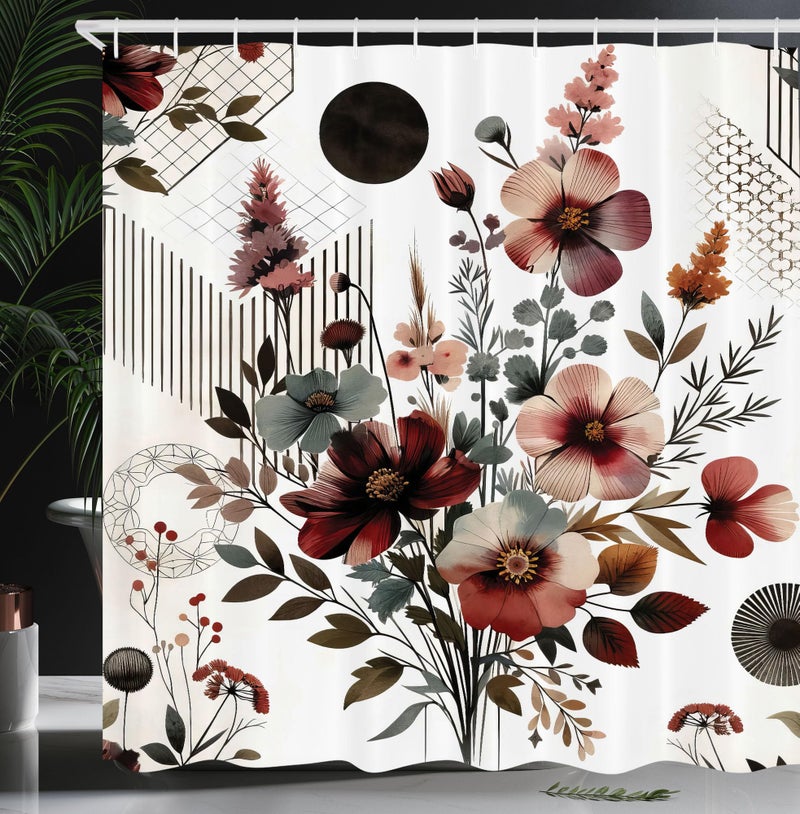 Ambesonne Floral Shower Curtain  Mid Century Modern Rounds Chevrons and Stripes Ornate Leafy Wildflowers  Cloth Fabric Bathroom Decor Set with Hooks  69"" W x 84"" L  Maroon Dark Sea Green - Image 1