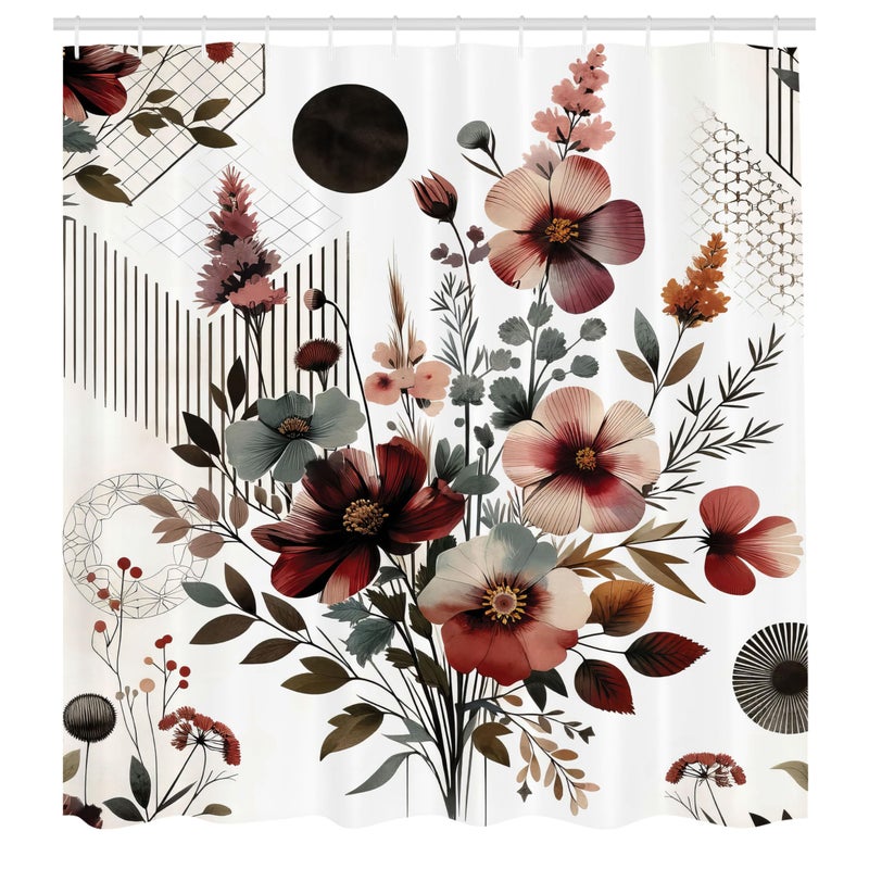 Ambesonne Floral Shower Curtain  Mid Century Modern Rounds Chevrons and Stripes Ornate Leafy Wildflowers  Cloth Fabric Bathroom Decor Set with Hooks  69"" W x 84"" L  Maroon Dark Sea Green - Image 4