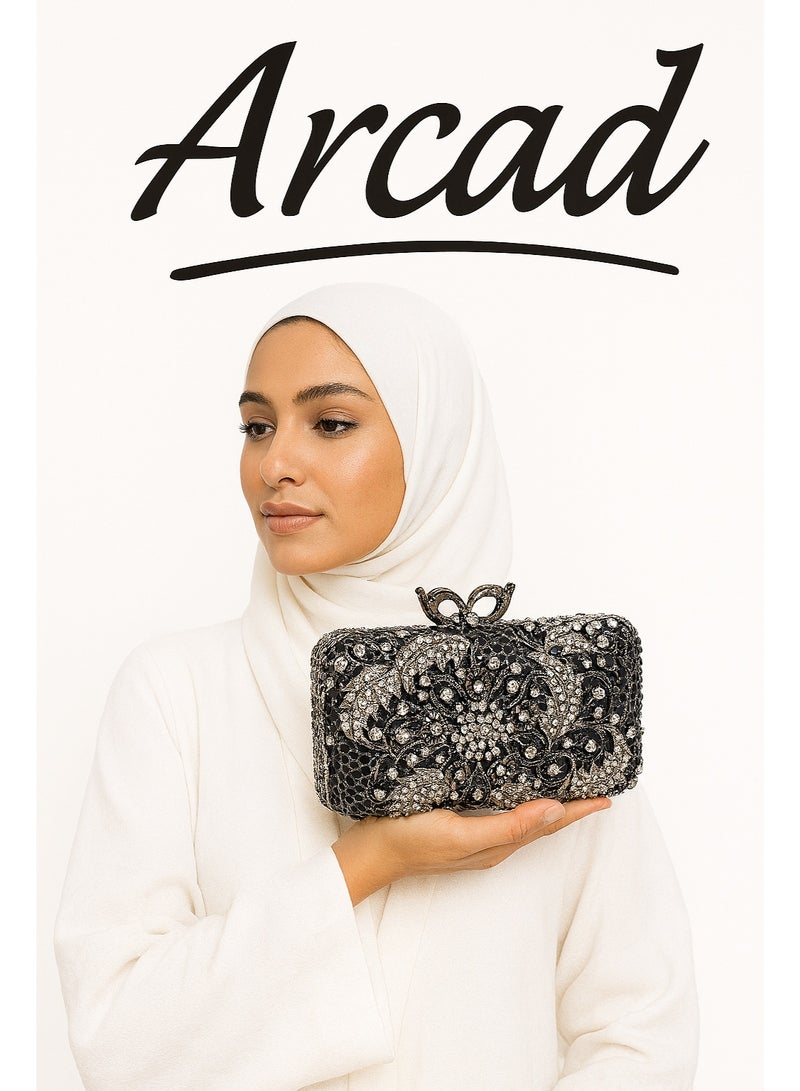 أركاد حقيبة سهرة نسائية من أركاد مزينة بالكريستال الأسود والفضي - Image 1