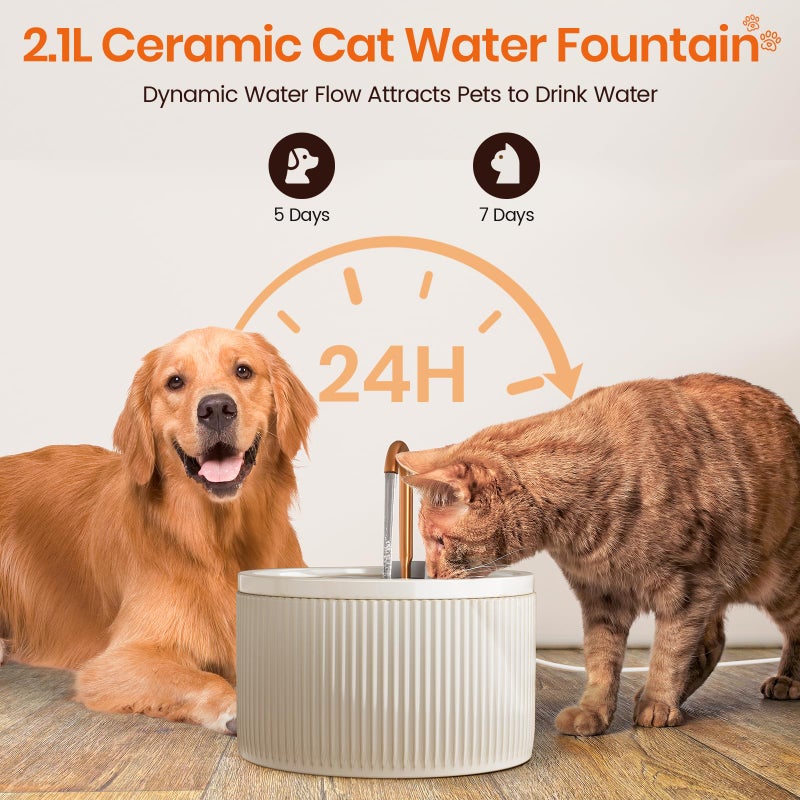 MISFANS Ceramic Cat Water Fountain - 2.1L/71oz - All-Ceramic Body & Pure Copper Water Spout - Non-Toxic - Automatic Pet Drinking Fountain Indoor with Ultra-Quiet Pump, and 3Pcs Filter & Sponge (Beige) - Image 5