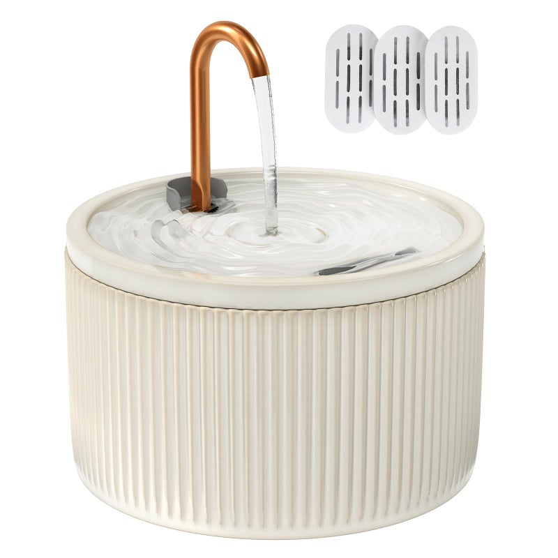 MISFANS Ceramic Cat Water Fountain - 2.1L/71oz - All-Ceramic Body & Pure Copper Water Spout - Non-Toxic - Automatic Pet Drinking Fountain Indoor with Ultra-Quiet Pump, and 3Pcs Filter & Sponge (Beige) - Image 1