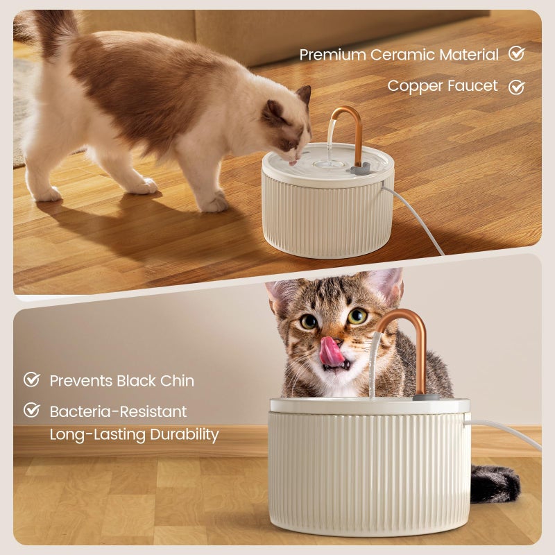 MISFANS Ceramic Cat Water Fountain - 2.1L/71oz - All-Ceramic Body & Pure Copper Water Spout - Non-Toxic - Automatic Pet Drinking Fountain Indoor with Ultra-Quiet Pump, and 3Pcs Filter & Sponge (Beige) - Image 4