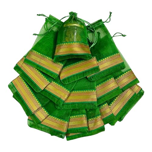 Krisah Pack of 50 pcs Potli Gift Pouches Bags, Small Size,18 cm X 12 cm, Green Organza Border - Image 1