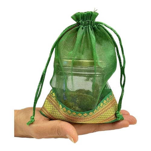 Krisah Pack of 50 pcs Potli Gift Pouches Bags, Small Size,18 cm X 12 cm, Green Organza Border - Image 3