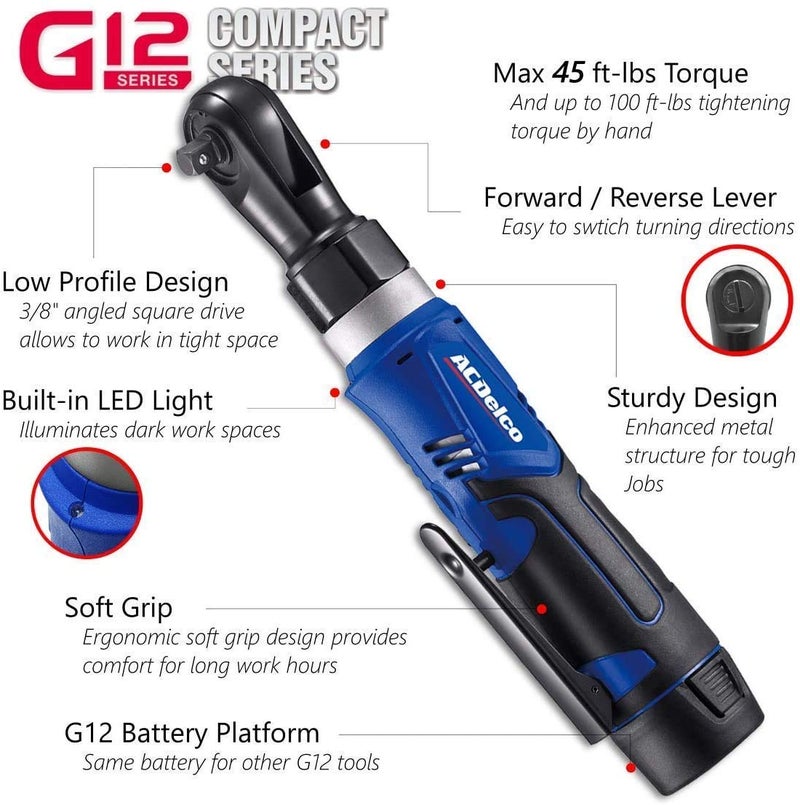 ACDelco Tools ACDelco ARW1209-P2 G12 Series 12V Li-ion Cordless 3/8â€ 45 ft-lbs. Ratchet Wrench Tool Kit with 2 Batteries - Image 2