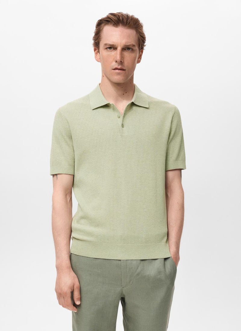 Mango Man Ribbed Knit Polo Shirt  - Image 1