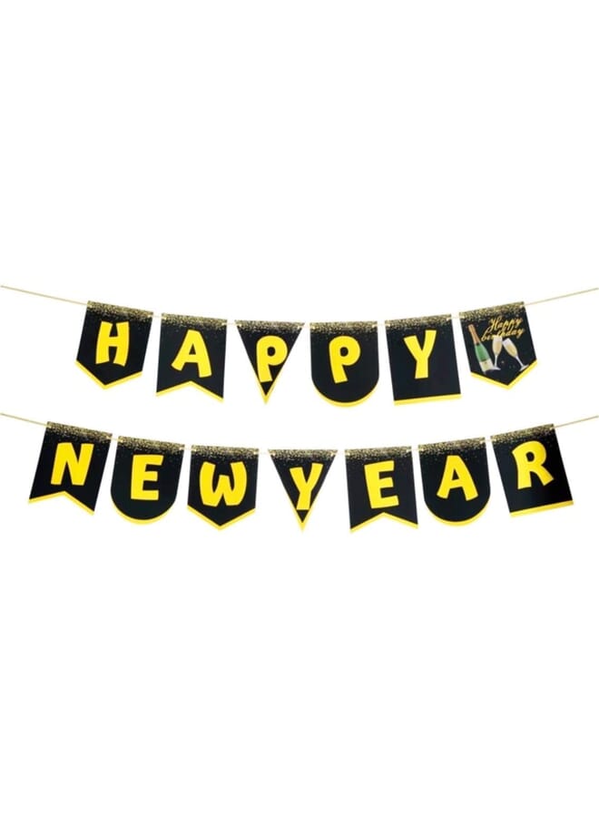 Party Time Happy New Year Foil Fringe Garland | Metallic Tinsel Banner | Ideal For New Years Eve Party Black & Gold - Image 1