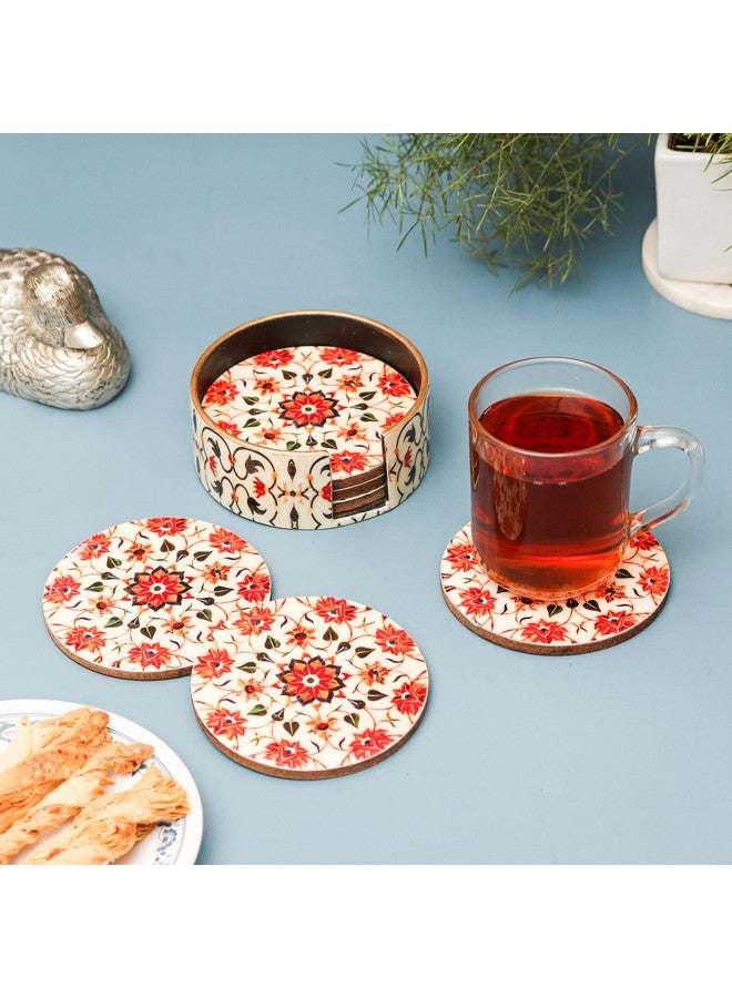 DULI Elegant Floral Wooden Coaster Set with Storage Box - Water Resistant, Digital Print Design, Durable Lacquer Finish for Table Protection, Perfect for Tea, Coffee, and Home Décor (RdOrangeFlowers) - Image 1