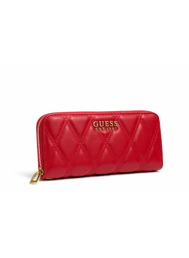 GUESS Quilted Zip-Around Wallet with Gold Logo – Red