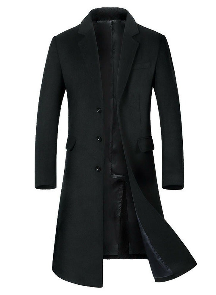 Loquat Men's Thin Woolen Casual Trench Coat Slim Fit Suit Collar Long Jacket Overcoat with Pockets Black 