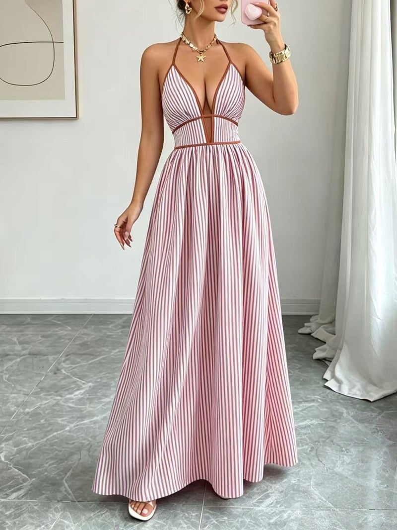 2026 Deep V-Neck Striped Vacation Dress Tiktok -Selling Backless Sleeveless Halter Neck Long Dress - Image 1