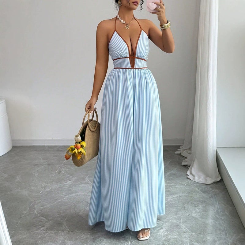 2026 Deep V-Neck Striped Vacation Dress Tiktok -Selling Backless Sleeveless Halter Neck Long Dress - Image 3