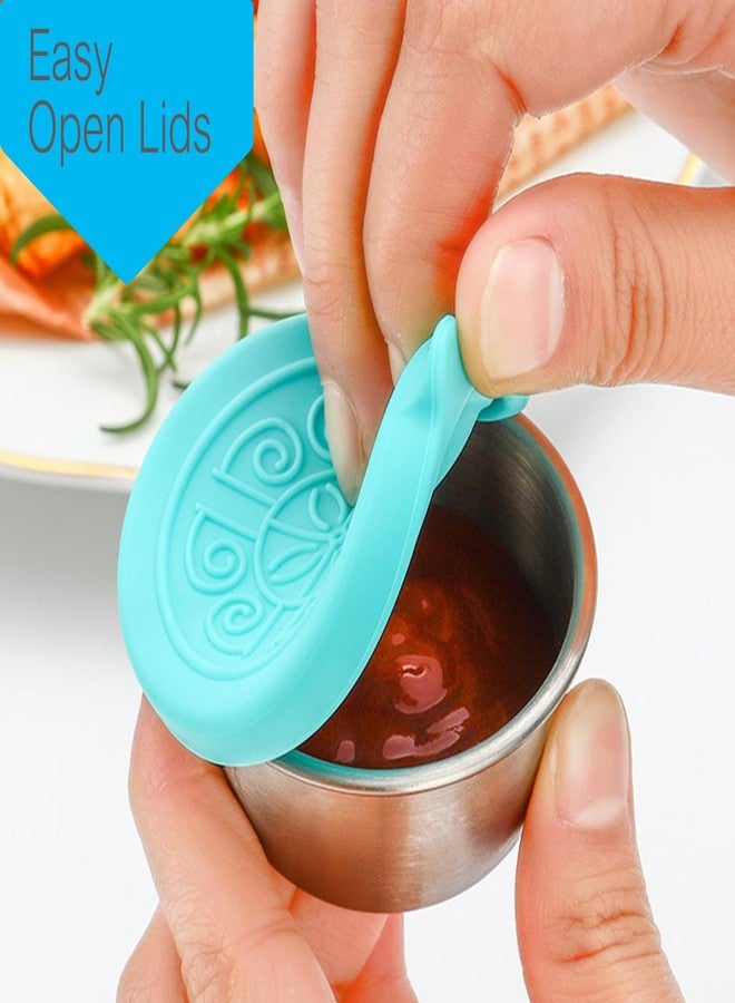 جوييي مجموعة أكواب توابل جويي المكونة من 6 قطع مع أغطية سيليكون ملونة، سعة 50 مل، مصنوعة من المعدن المقاوم للتسرب، أكواب صلصة صغيرة من الفولاذ المقاوم للصدأ، مثالية للنزهات الخارجية، حفلات الشواء، وتخزين الصلصات أثناء التخييم. - Image 5