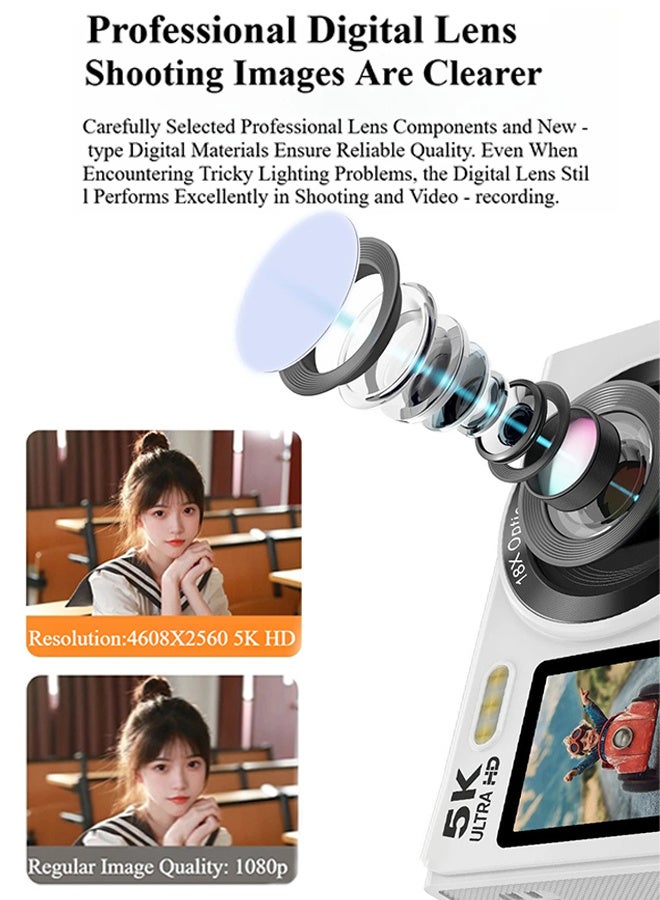 أوسيك كاميرا رقمية 5K، كاميرا CCD بدقة 80 ميجابكسل، تركيز تلقائي، زوم 18x، شاشة 2.8 بوصة، كاميرا تسجيل فيديو مدعومة بالواي فاي، مناسبة لإنشاء مقاطع فيديو على يوتيوب، مزودة ببطاقة تخزين سعة 128 جيجابايت وفلاش، هدايا للأطفال - Image 5