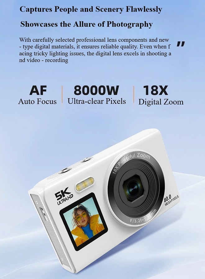 أوسيك كاميرا رقمية 5K، كاميرا CCD بدقة 80 ميجابكسل، تركيز تلقائي، زوم 18x، شاشة 2.8 بوصة، كاميرا تسجيل فيديو مدعومة بالواي فاي، مناسبة لإنشاء مقاطع فيديو على يوتيوب، مزودة ببطاقة تخزين سعة 128 جيجابايت وفلاش، هدايا للأطفال - Image 3