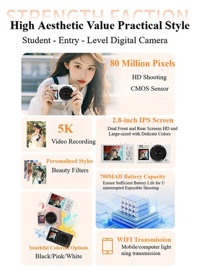 أوسيك كاميرا رقمية 5K، كاميرا CCD بدقة 80 ميجابكسل، تركيز تلقائي، زوم 18x، شاشة 2.8 بوصة، كاميرا تسجيل فيديو مدعومة بالواي فاي، مناسبة لإنشاء مقاطع فيديو على يوتيوب، مزودة ببطاقة تخزين سعة 128 جيجابايت وفلاش، هدايا للأطفال - Image 4