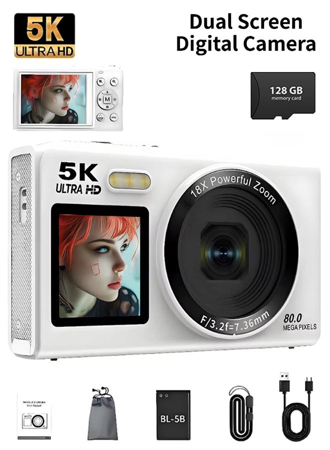 أوسيك كاميرا رقمية 5K، كاميرا CCD بدقة 80 ميجابكسل، تركيز تلقائي، زوم 18x، شاشة 2.8 بوصة، كاميرا تسجيل فيديو مدعومة بالواي فاي، مناسبة لإنشاء مقاطع فيديو على يوتيوب، مزودة ببطاقة تخزين سعة 128 جيجابايت وفلاش، هدايا للأطفال - Image 1