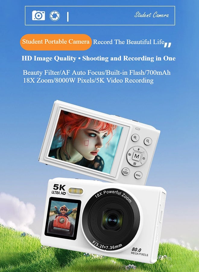أوسيك كاميرا رقمية 5K، كاميرا CCD بدقة 80 ميجابكسل، تركيز تلقائي، زوم 18x، شاشة 2.8 بوصة، كاميرا تسجيل فيديو مدعومة بالواي فاي، مناسبة لإنشاء مقاطع فيديو على يوتيوب، مزودة ببطاقة تخزين سعة 128 جيجابايت وفلاش، هدايا للأطفال - Image 2