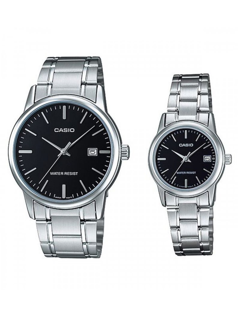 CASIO ساعة كاسيو للرجال والنساء بقرص أسود وسوار من الفولاذ المقاوم للصدأ - MTP/LTP-V002D-1AUDF - Image 1