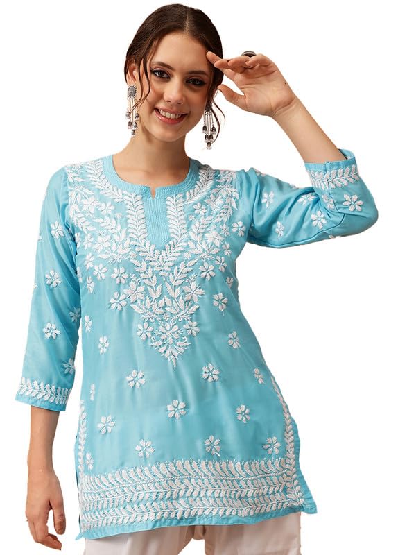 Ada Women Muslin Regular Hand Embroidered Lucknowi Chikankari Straight Top Tunic Short Kurti A911424 Blue (XL) - Image 1
