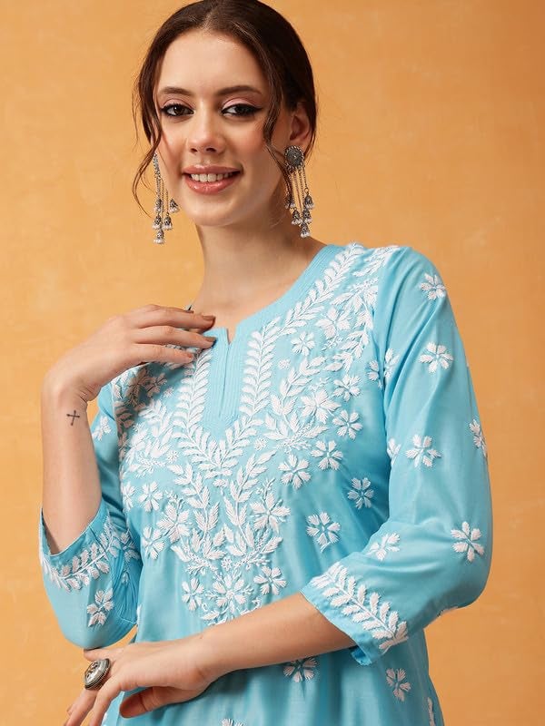 Ada Women Muslin Regular Hand Embroidered Lucknowi Chikankari Straight Top Tunic Short Kurti A911424 Blue (XL) - Image 5