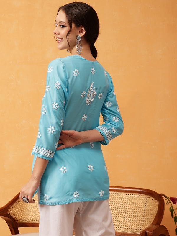 Ada Women Muslin Regular Hand Embroidered Lucknowi Chikankari Straight Top Tunic Short Kurti A911424 Blue (XL) - Image 2